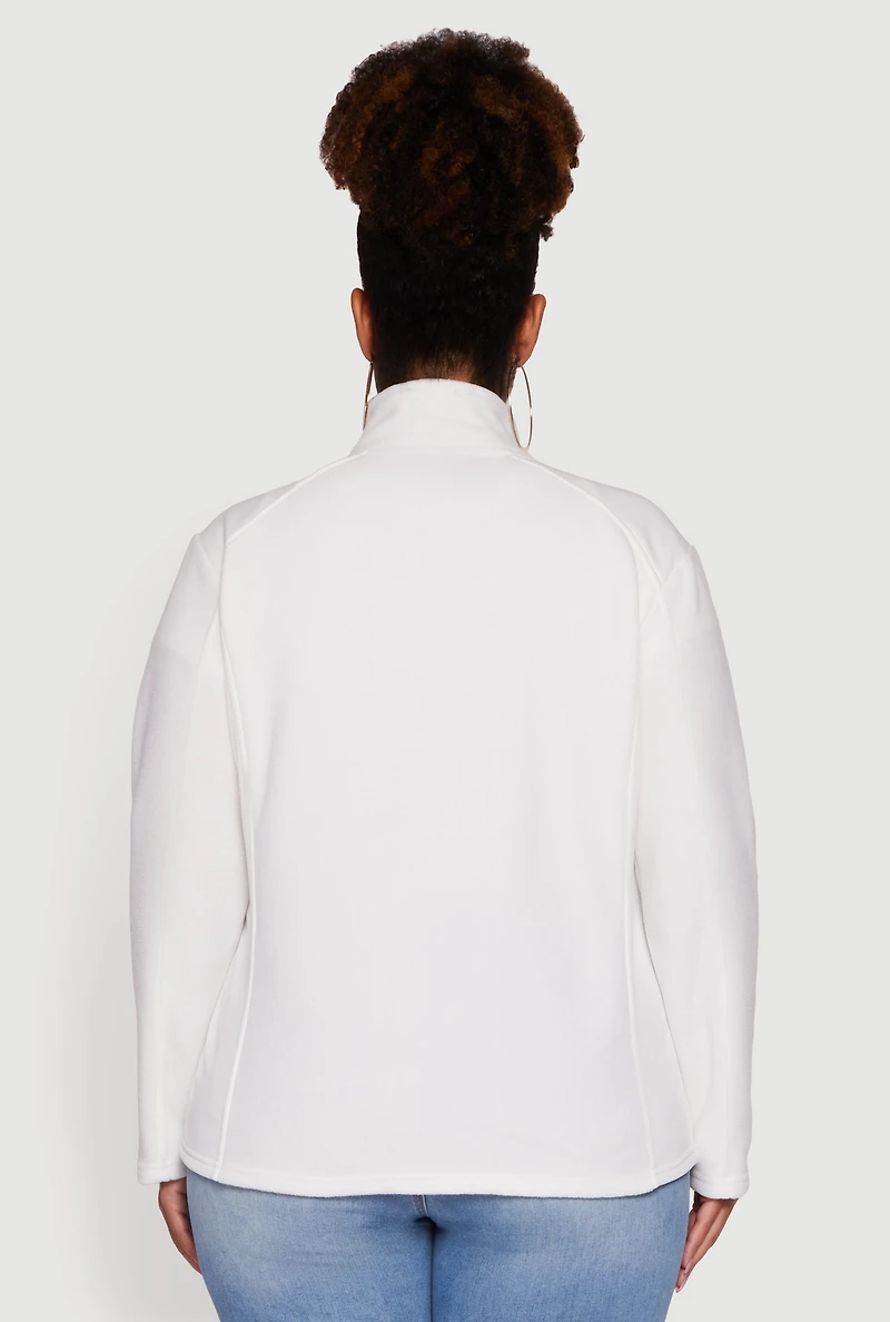 Womens Plus Fleece Zip Front Mock Neck Long Sleeve Jacket, White,