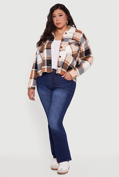 Womens Plus Size Plaid Sherpa Lined Fleece Button Front Jacket, Brown, Size 2X