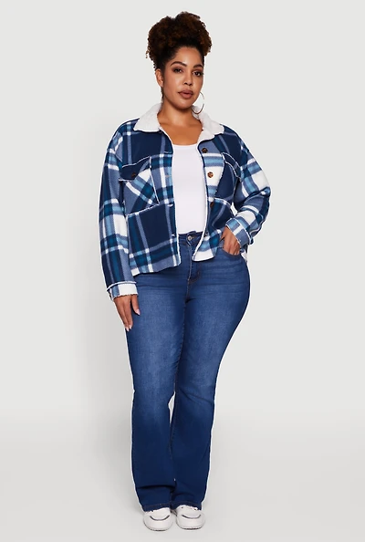 Womens Plus Plaid Sherpa Lined Fleece Button Front Jacket,