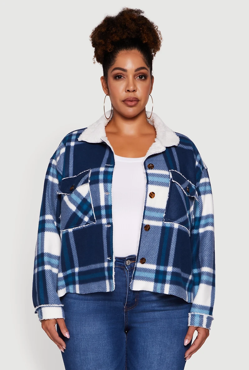 Womens Plus Plaid Sherpa Lined Fleece Button Front Jacket,