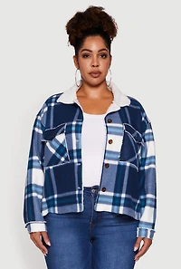Womens Plus Plaid Sherpa Lined Fleece Button Front Jacket,