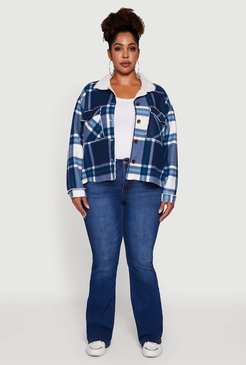 Womens Plus Plaid Sherpa Lined Fleece Button Front Jacket,
