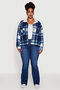 Womens Plus Plaid Sherpa Lined Fleece Button Front Jacket,