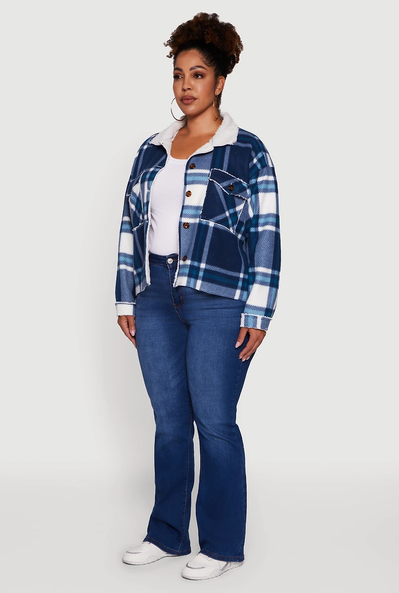 Womens Plus Plaid Sherpa Lined Fleece Button Front Jacket,
