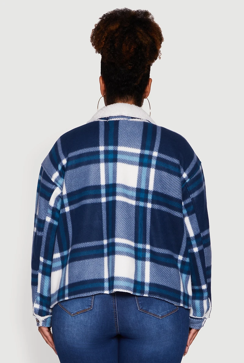 Womens Plus Plaid Sherpa Lined Fleece Button Front Jacket,