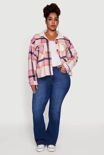 Plus Plaid Sherpa Lined Fleece Button Front Jacket