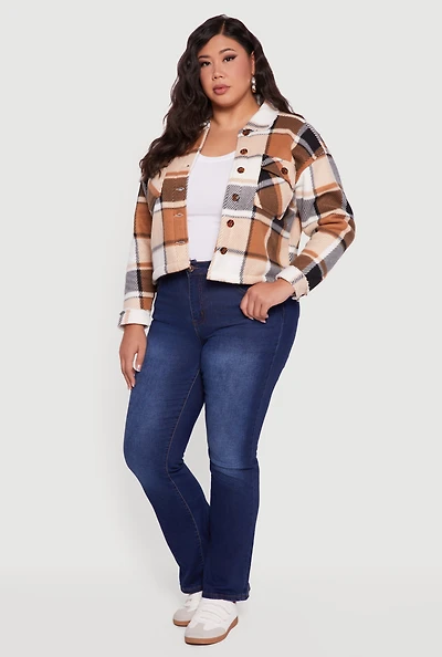 Womens Plus Sherpa Lined Button Front Shacket, 1X