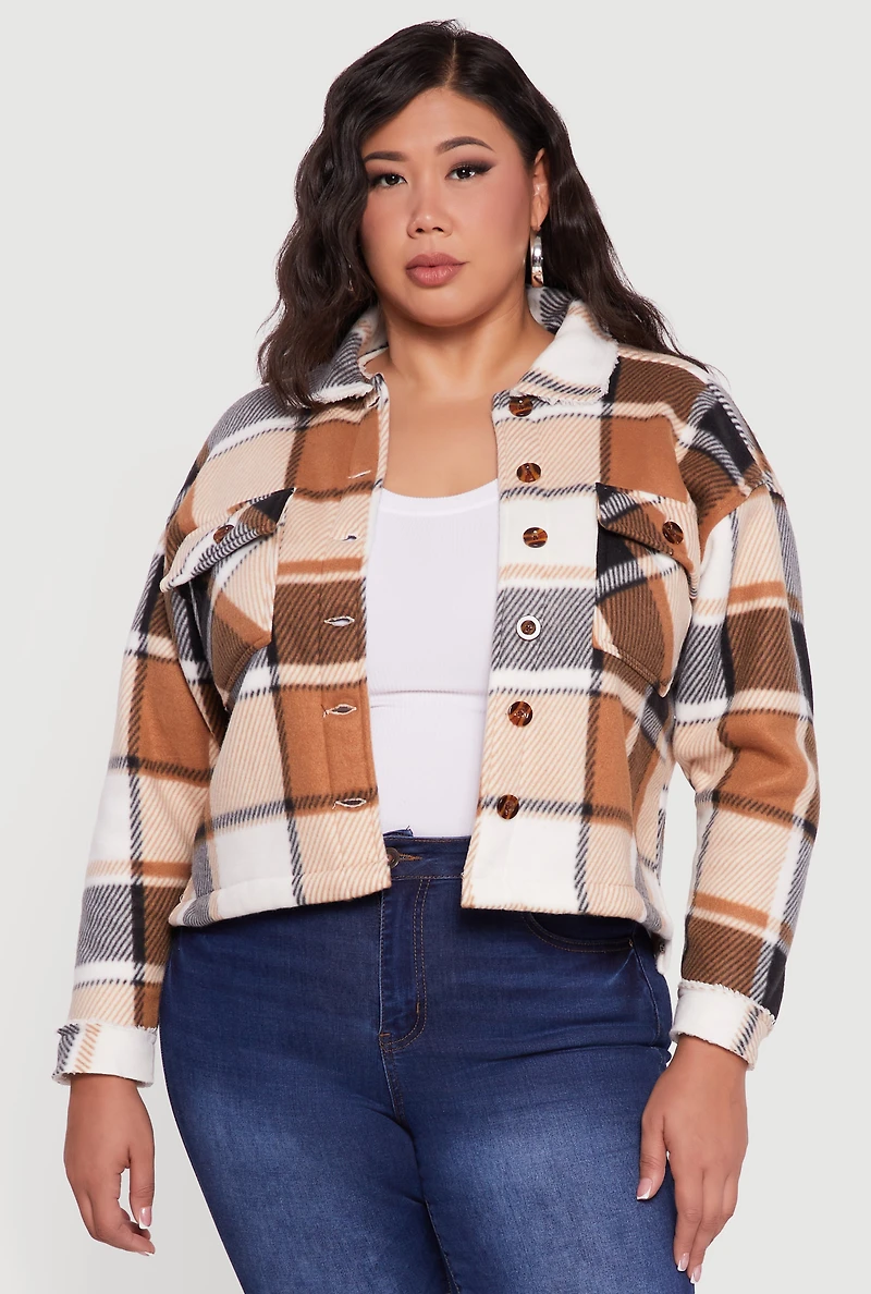Womens Plus Sherpa Lined Button Front Shacket, 1X