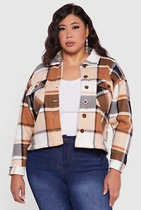Womens Plus Sherpa Lined Button Front Shacket, 1X
