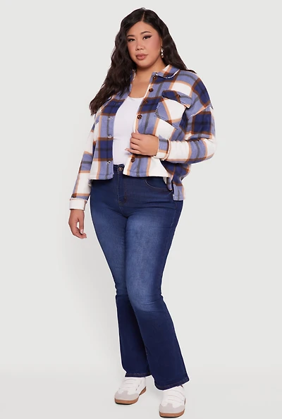 Womens Plus Size Sherpa Lined Button Front Shacket, Blue, Size 1X