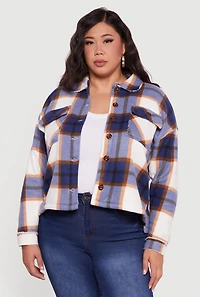 Womens Plus Size Sherpa Lined Button Front Shacket, Blue, Size 1X
