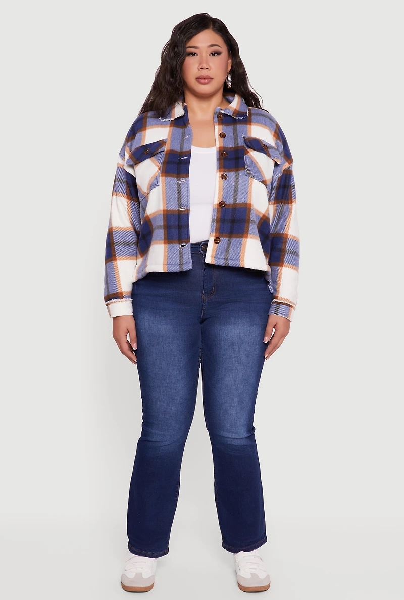 Womens Plus Size Sherpa Lined Button Front Shacket, Blue, Size 1X