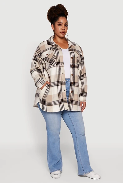 Womens Plus Sherpa Lined Flap Pocket Long Button Front Shacket,