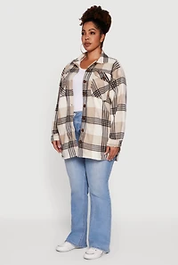 Womens Plus Sherpa Lined Flap Pocket Long Button Front Shacket, Beige,