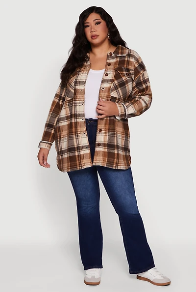 Womens Plus Sherpa Lined Flap Pocket Long Button Front Shacket, 3X