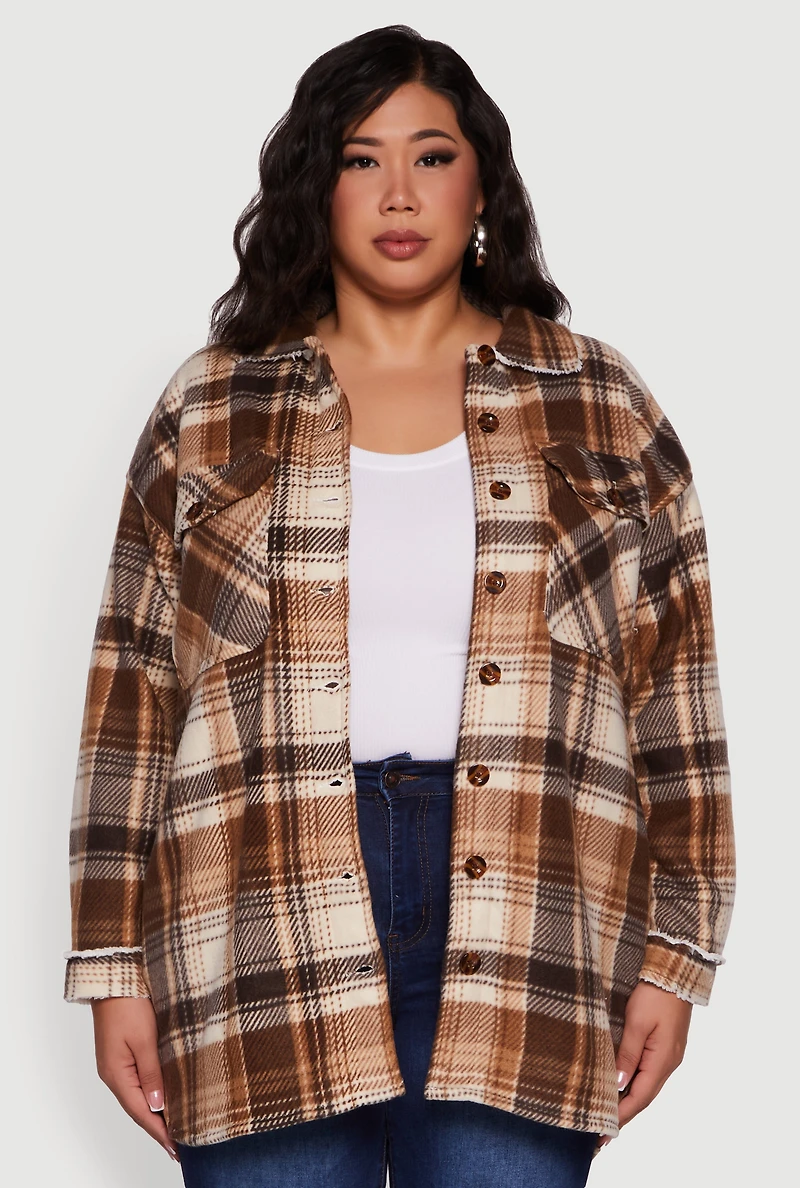 Womens Plus Size Sherpa Lined Flap Pocket Long Button Front Shacket, Brown, Size 1X