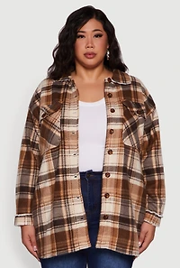 Womens Plus Size Sherpa Lined Flap Pocket Long Button Front Shacket, Brown, Size 1X