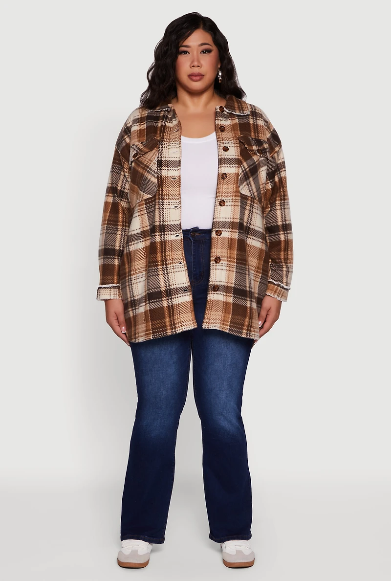 Womens Plus Sherpa Lined Flap Pocket Long Button Front Shacket, 3X