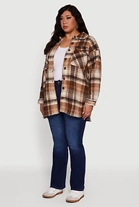 Womens Plus Sherpa Lined Flap Pocket Long Button Front Shacket, 3X