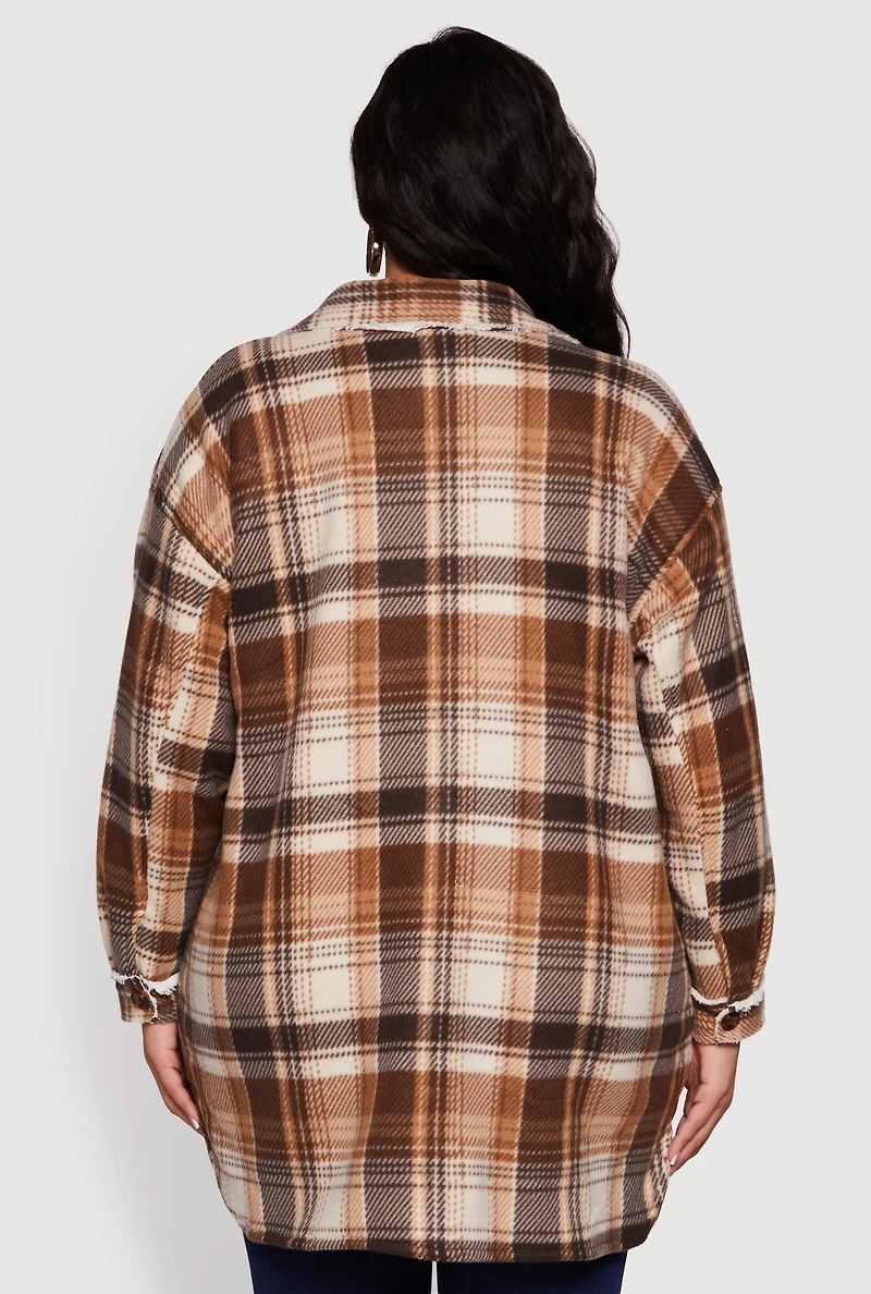 Womens Plus Size Sherpa Lined Flap Pocket Long Button Front Shacket, Brown, Size 1X