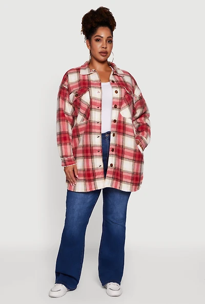 Womens Plus Size Sherpa Lined Flap Pocket Long Button Front Shacket, Red, Size 3X