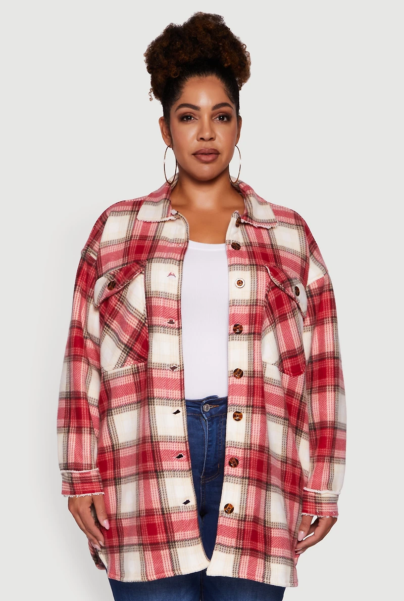 Womens Plus Size Sherpa Lined Flap Pocket Long Button Front Shacket, Red, Size 3X