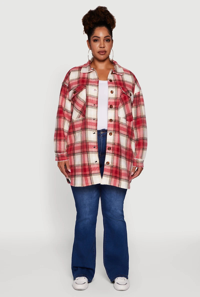 Womens Plus Size Sherpa Lined Flap Pocket Long Button Front Shacket, Red, Size 3X