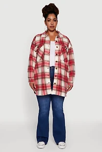 Womens Plus Size Sherpa Lined Flap Pocket Long Button Front Shacket, Red, Size 3X