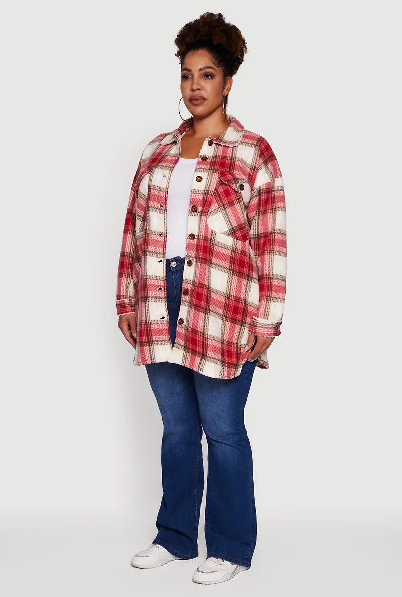 Womens Plus Size Sherpa Lined Flap Pocket Long Button Front Shacket, Red, Size 3X