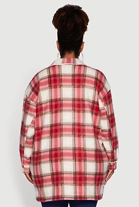 Womens Plus Size Sherpa Lined Flap Pocket Long Button Front Shacket, Red, Size 3X