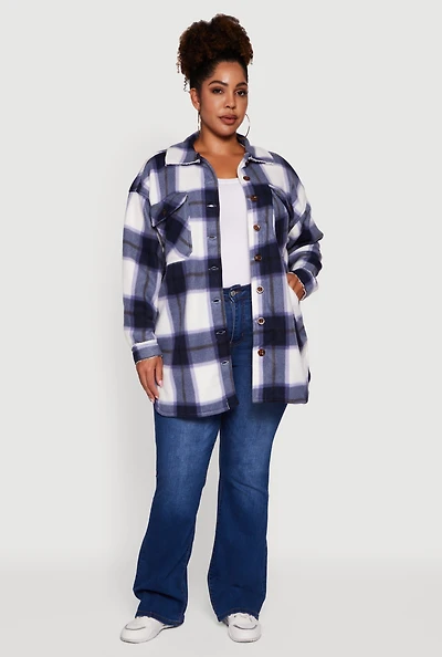 Womens Plus Sherpa Lined Flap Pocket Long Button Front Shacket,