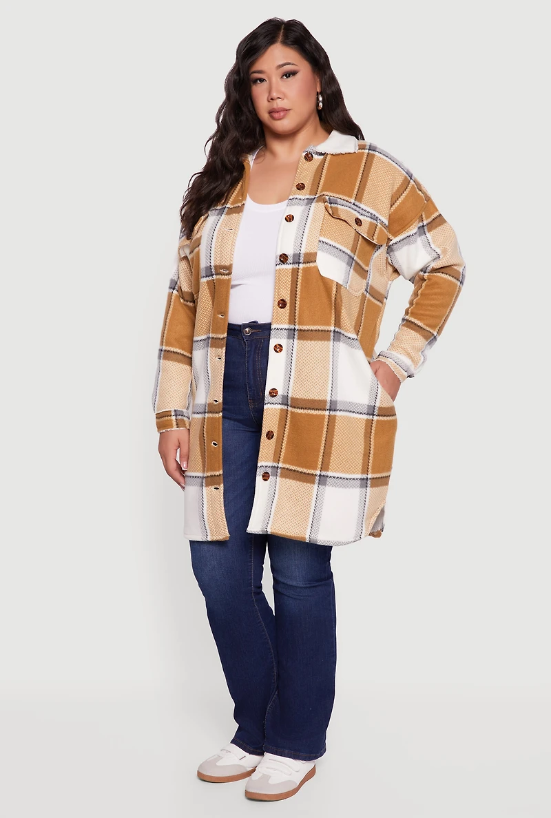 Womens Plus Sherpa Lined Long Button Front Shacket,