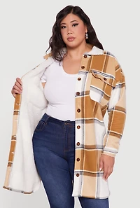 Womens Plus Sherpa Lined Long Button Front Shacket,