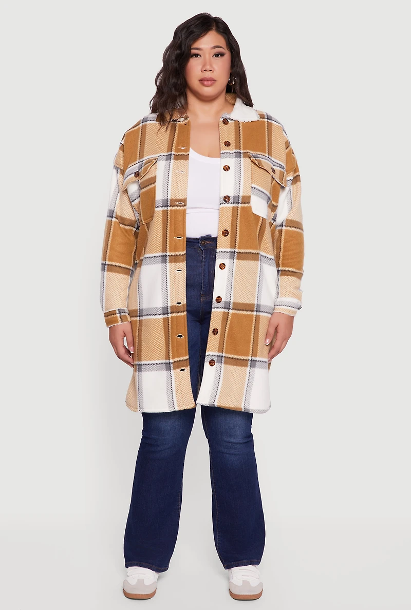 Womens Plus Sherpa Lined Long Button Front Shacket,