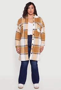 Womens Plus Sherpa Lined Long Button Front Shacket,