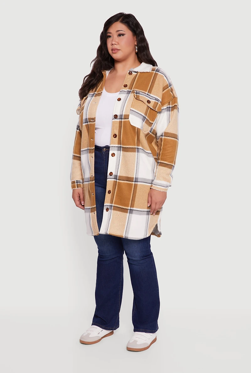Womens Plus Sherpa Lined Long Button Front Shacket, 1X