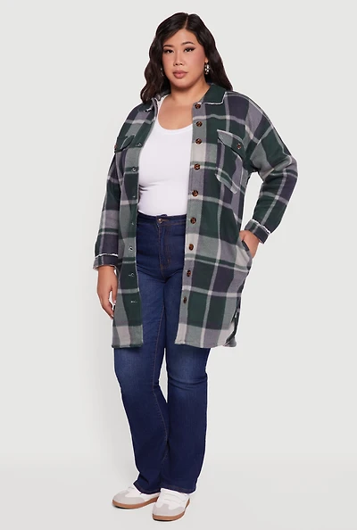 Womens Plus Size Sherpa Lined Long Button Front Shacket, Green, Size 1X