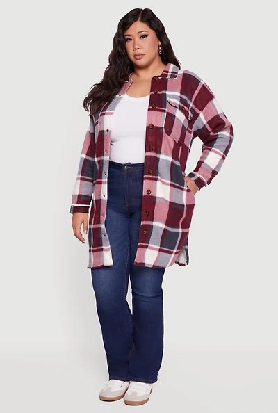 Womens Plus Sherpa Lined Long Button Front Shacket, Red,