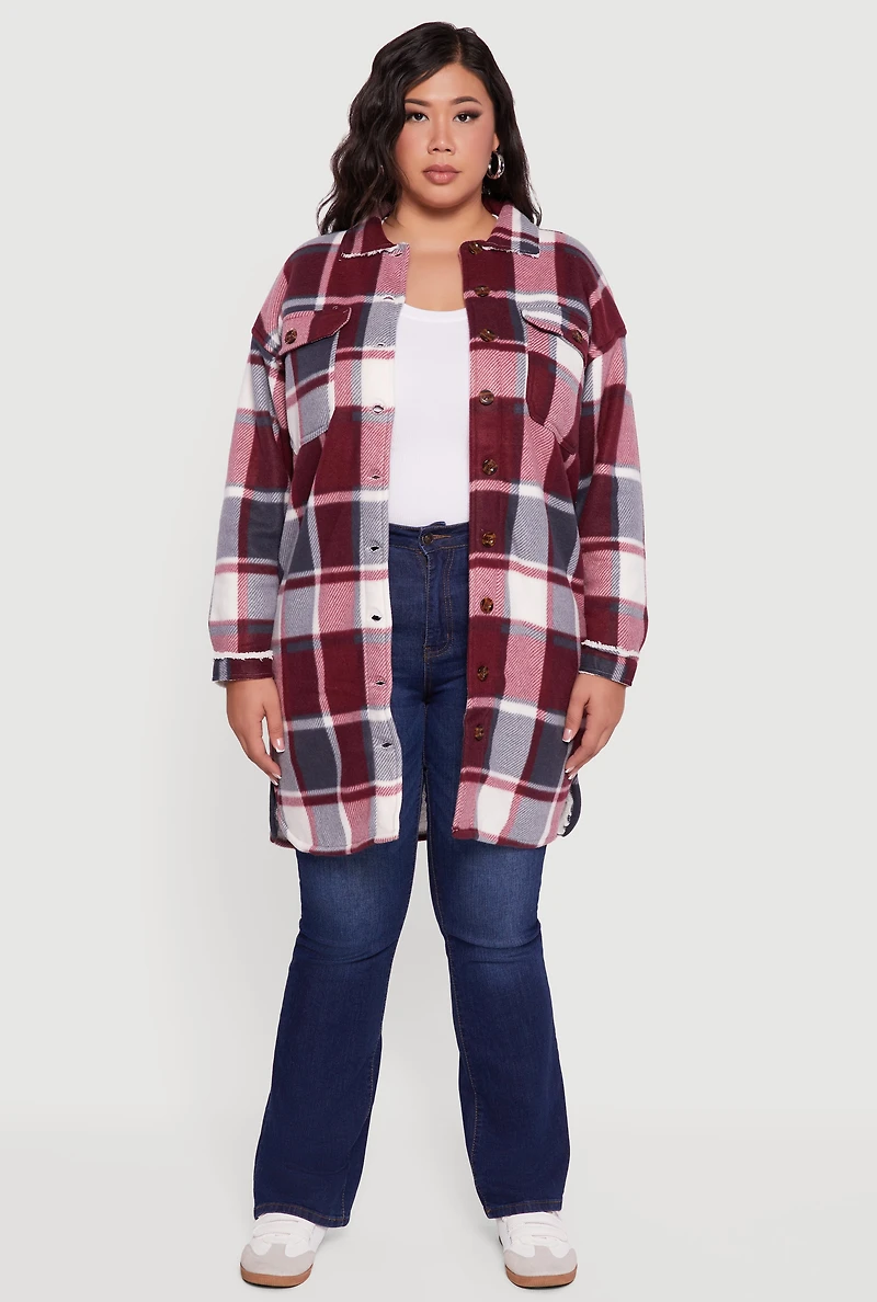 Womens Plus Sherpa Lined Long Button Front Shacket, Red,