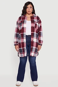 Womens Plus Sherpa Lined Long Button Front Shacket, Red,