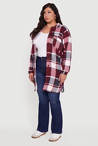 Womens Plus Sherpa Lined Long Button Front Shacket, Red,
