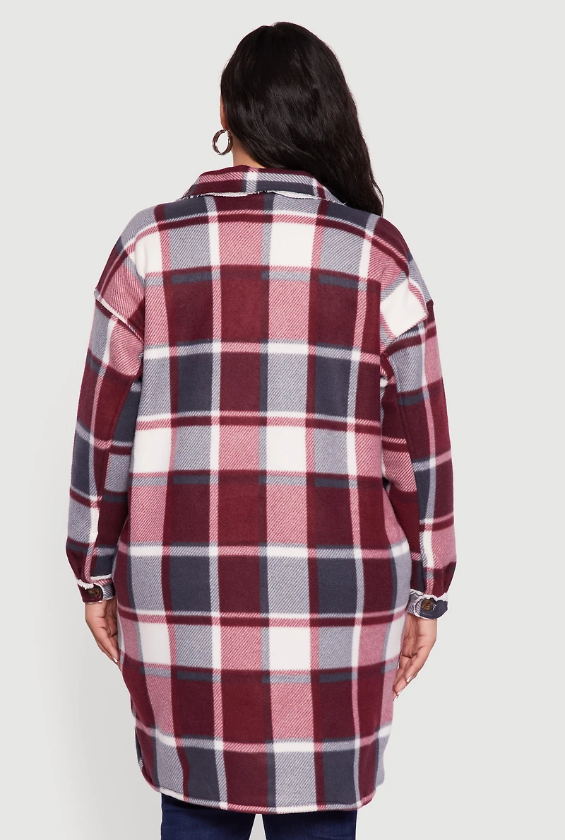 Womens Plus Sherpa Lined Long Button Front Shacket, Red,