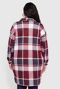 Womens Plus Sherpa Lined Long Button Front Shacket, Red,