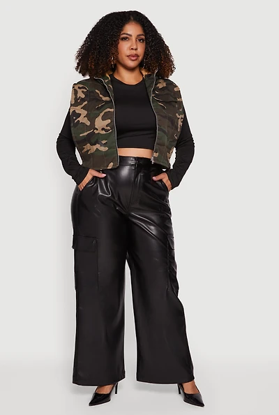 Plus Hooded Zip Front Cropped Camouflage Vest