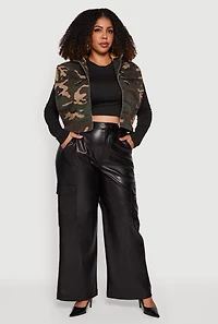 Plus Hooded Zip Front Cropped Camouflage Vest