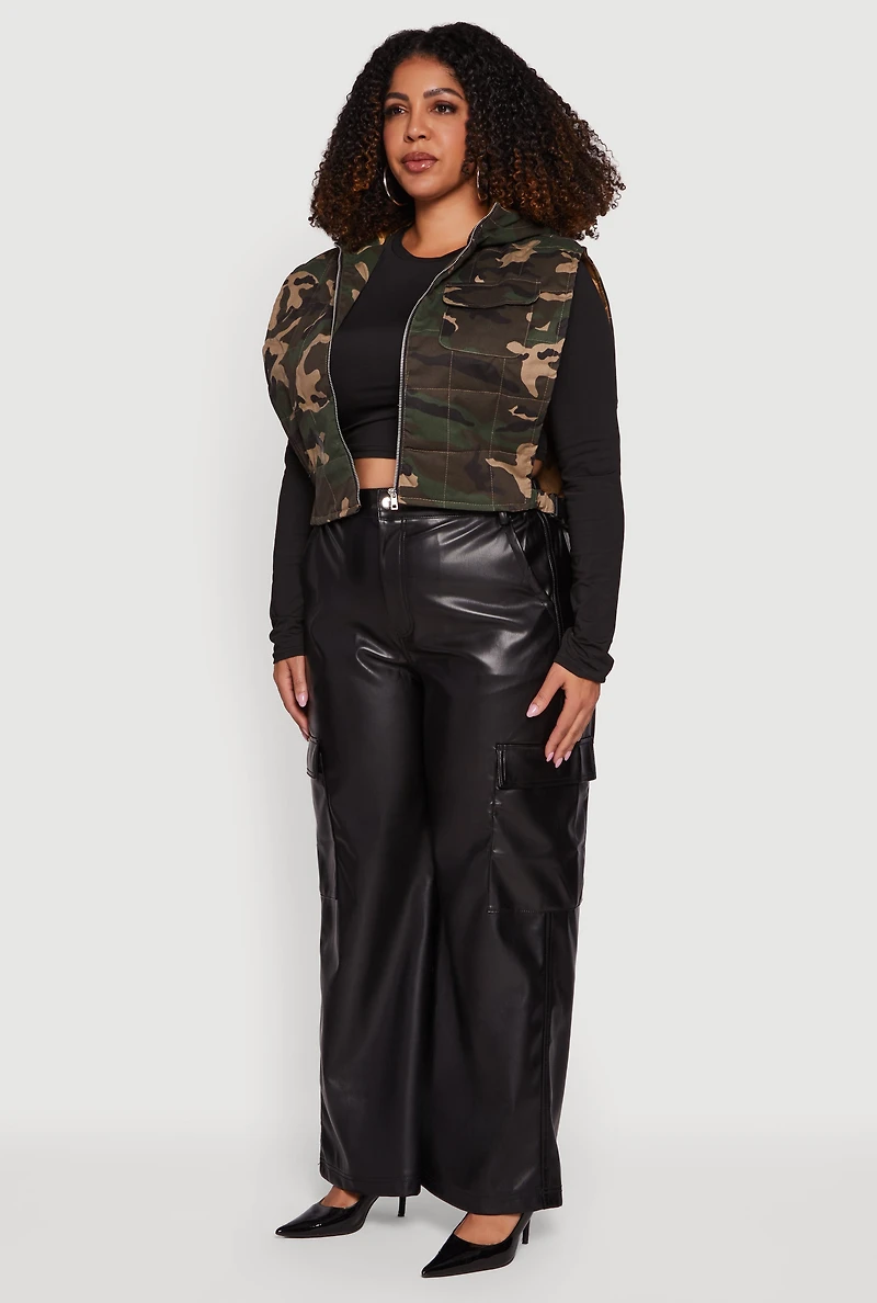 Plus Hooded Zip Front Cropped Camouflage Vest