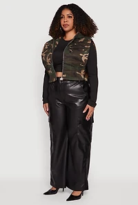 Plus Hooded Zip Front Cropped Camouflage Vest