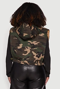 Plus Hooded Zip Front Cropped Camouflage Vest