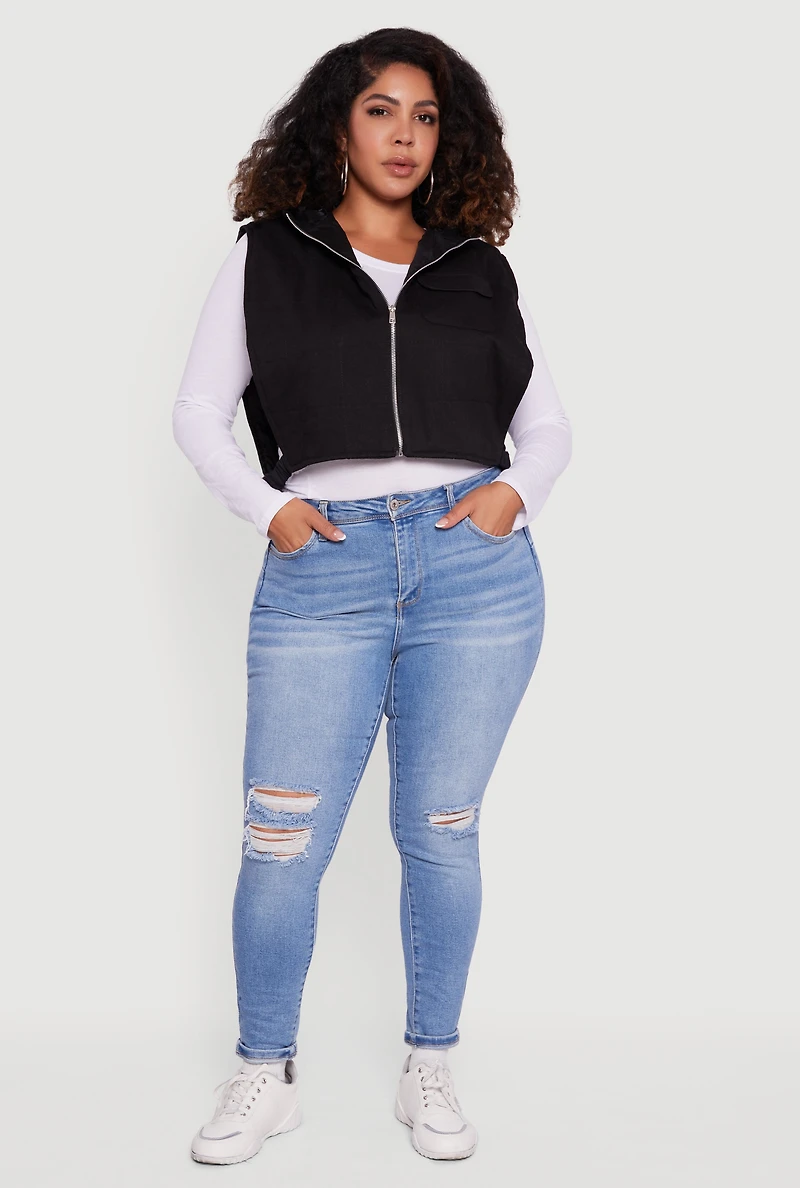 Plus Side Buckle Hooded Zip Front Quilted Vest