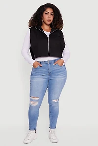Plus Side Buckle Hooded Zip Front Quilted Vest